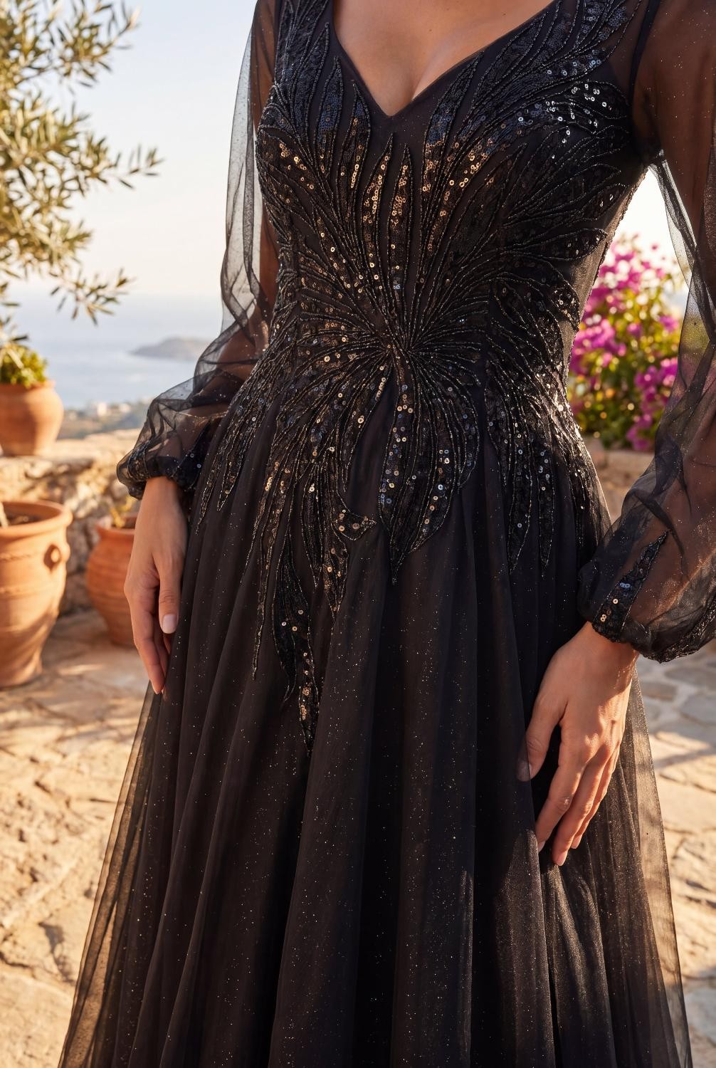 V Neck Long Sleeve Formal Evening Dress
