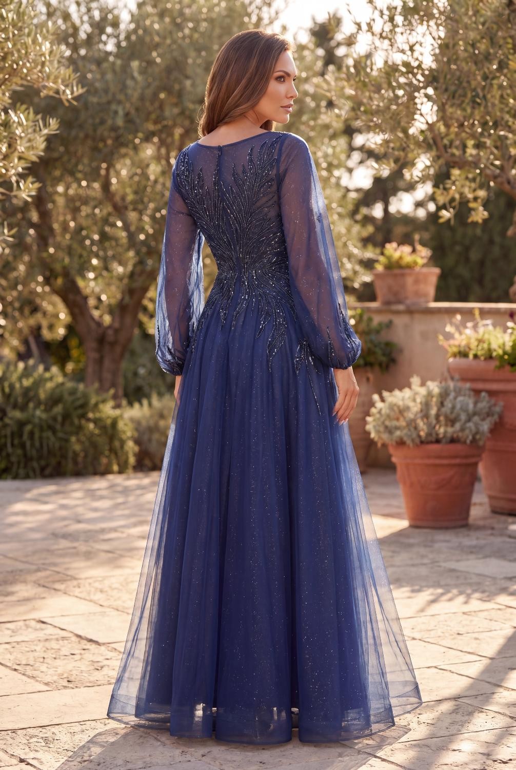 V Neck Long Sleeve Formal Evening Dress