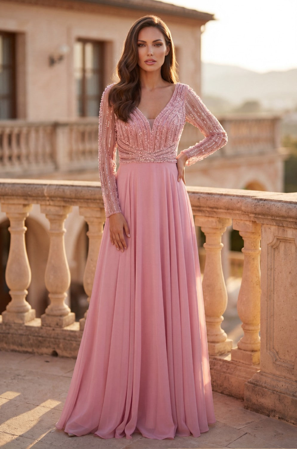 Long Sleeve Beaded Mother Of The Bride Dress