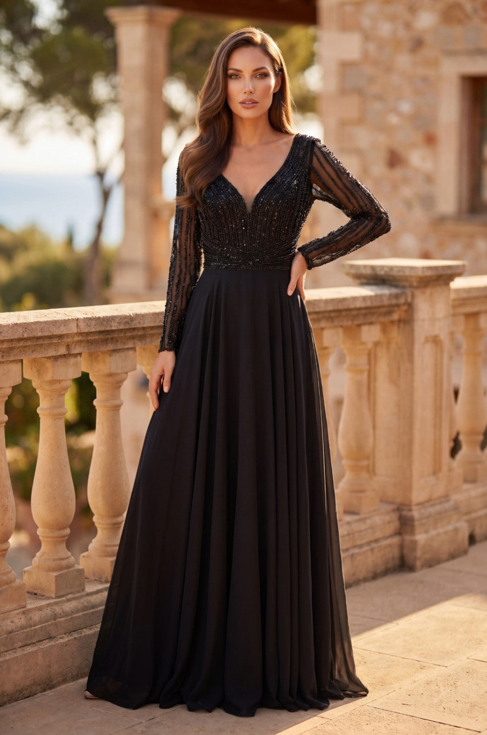 Long Sleeve Beaded Mother Of The Bride Dress