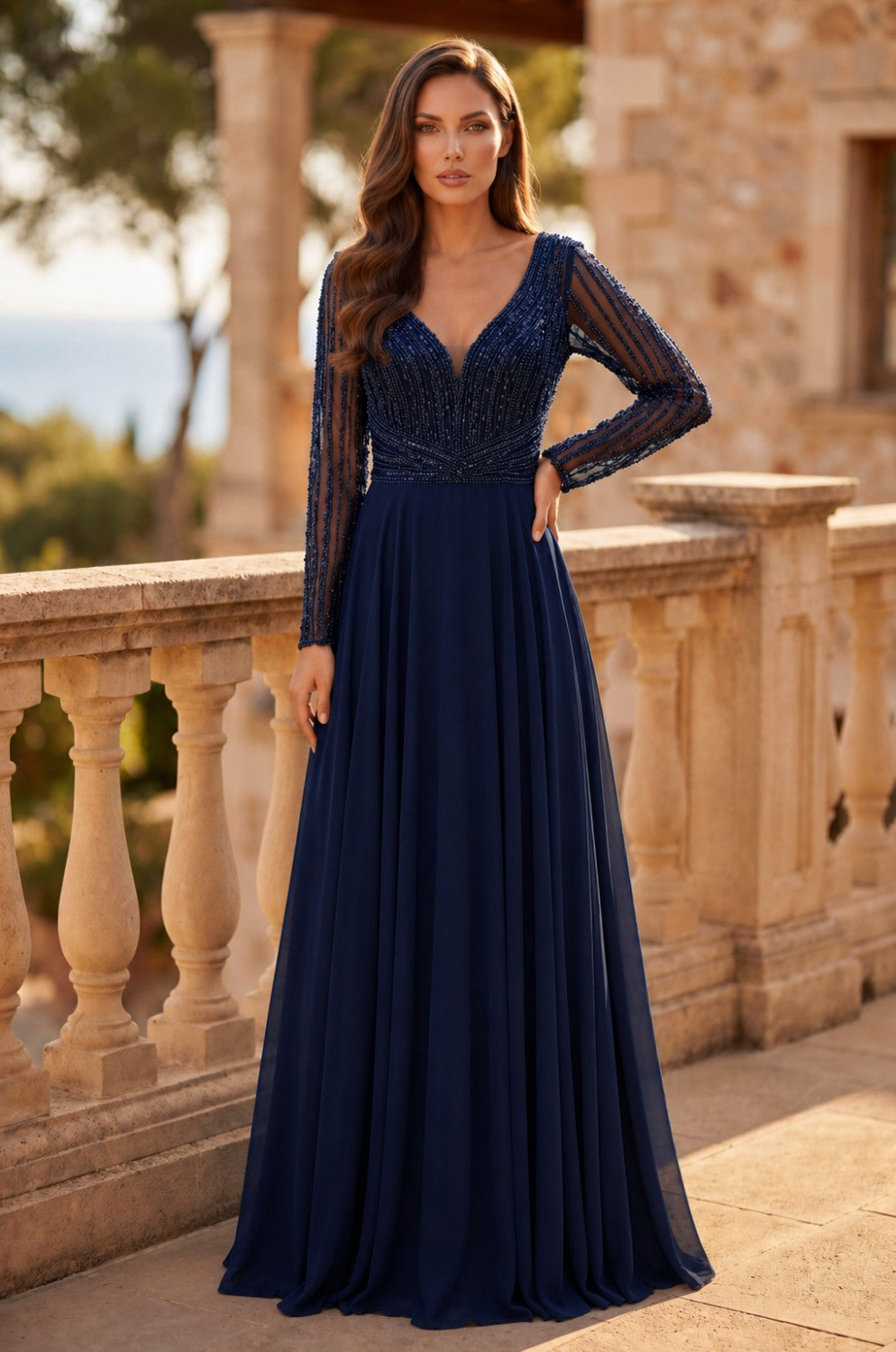 Long Sleeve Beaded Mother Of The Bride Dress
