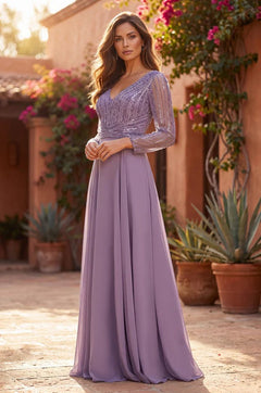 Long Sleeve Beaded Mother Of The Bride Dress