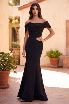 Long Off Shoulder Architectural Pleated Formal Dress