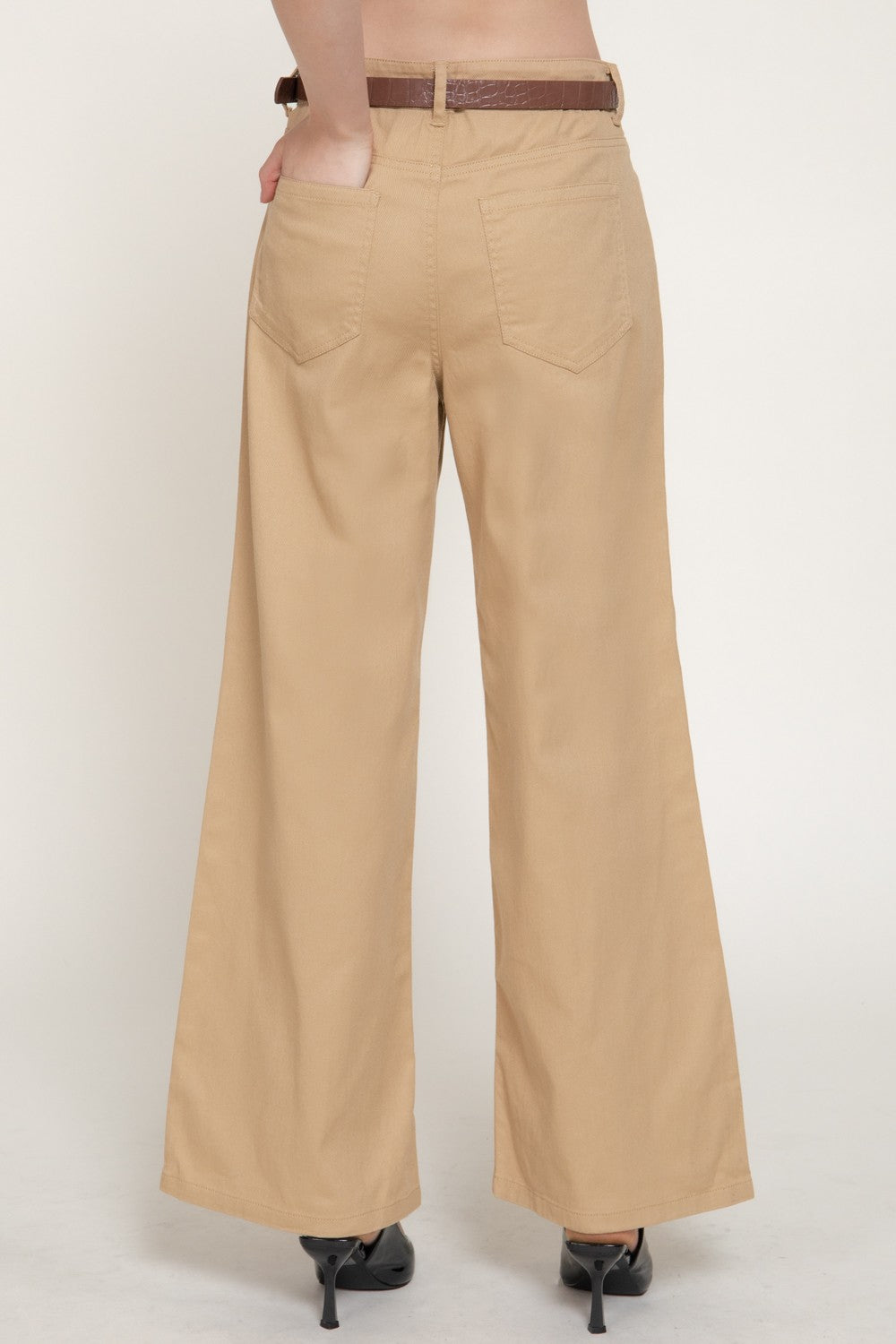 Mid Rise Belted Cotton Twill Long Pants