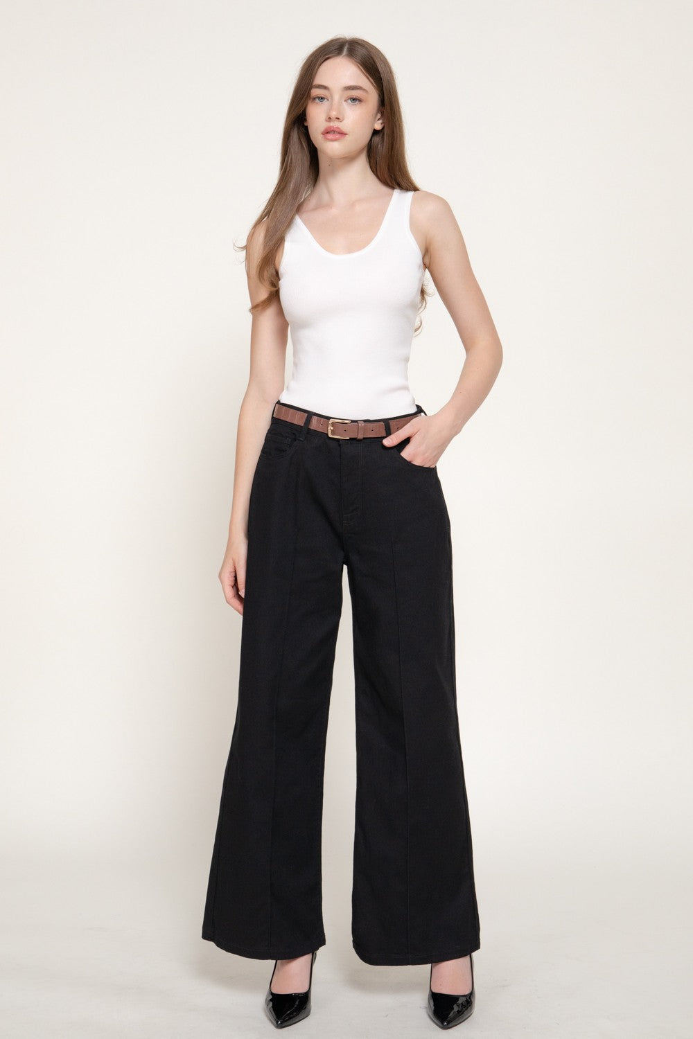 Mid Rise Belted Cotton Twill Long Pants