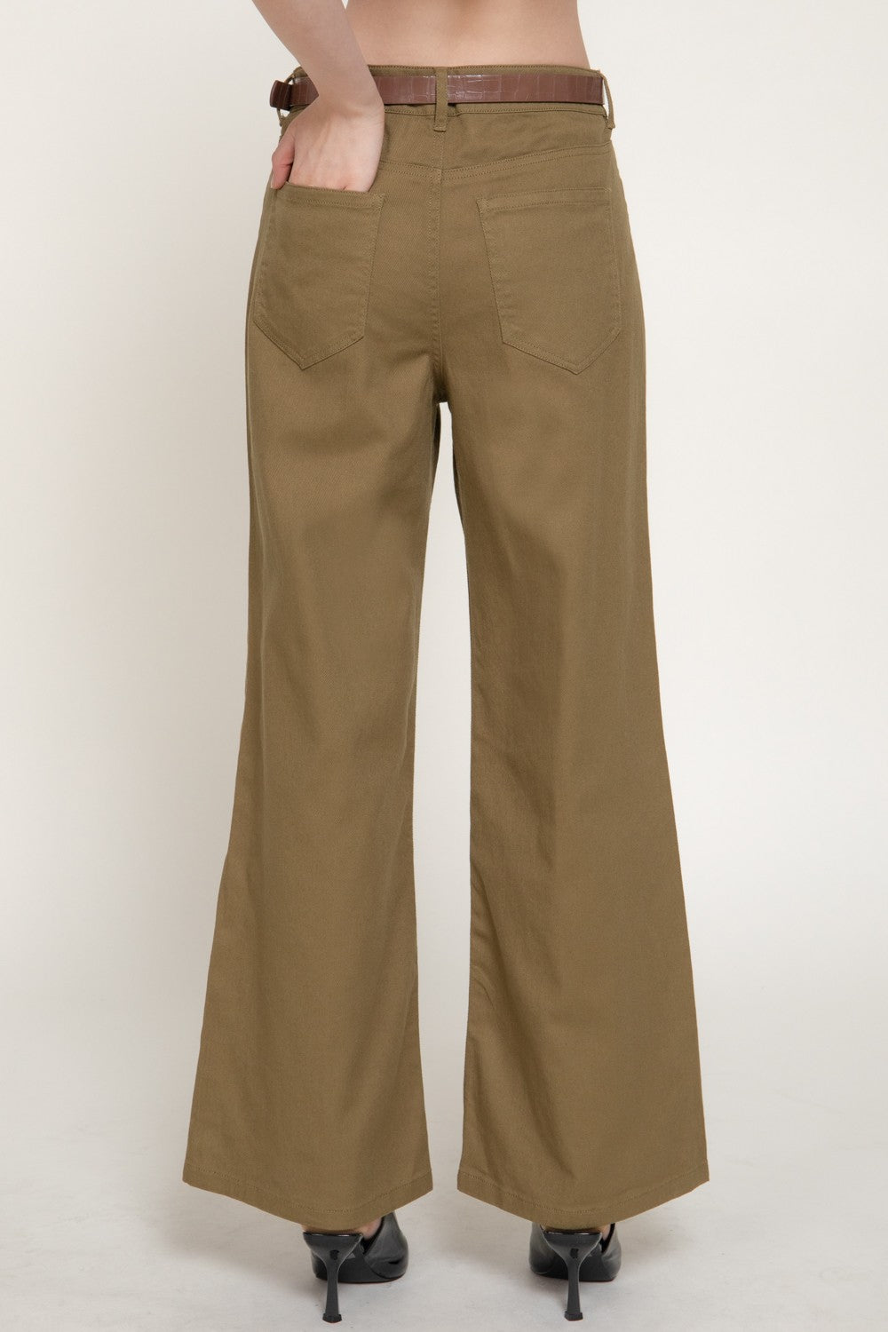 Mid Rise Belted Cotton Twill Long Pants