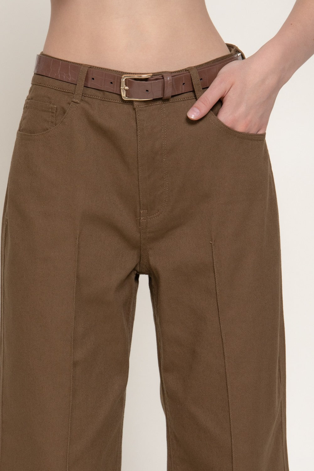 Mid Rise Belted Cotton Twill Long Pants