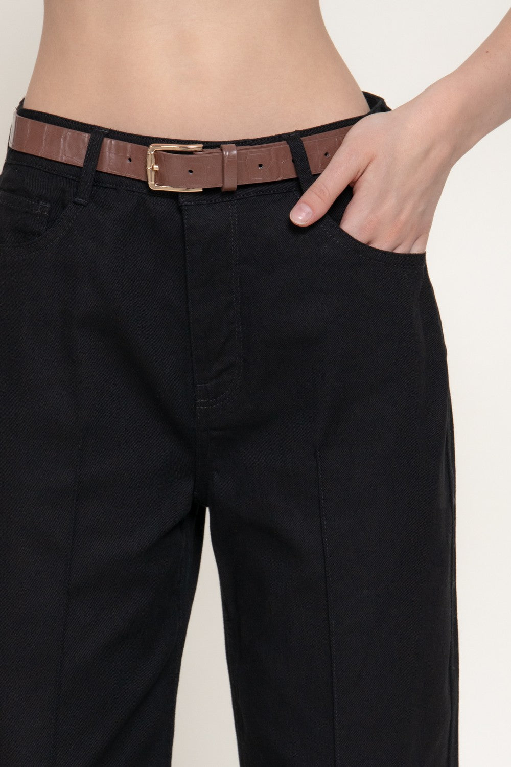 Mid Rise Belted Cotton Twill Long Pants