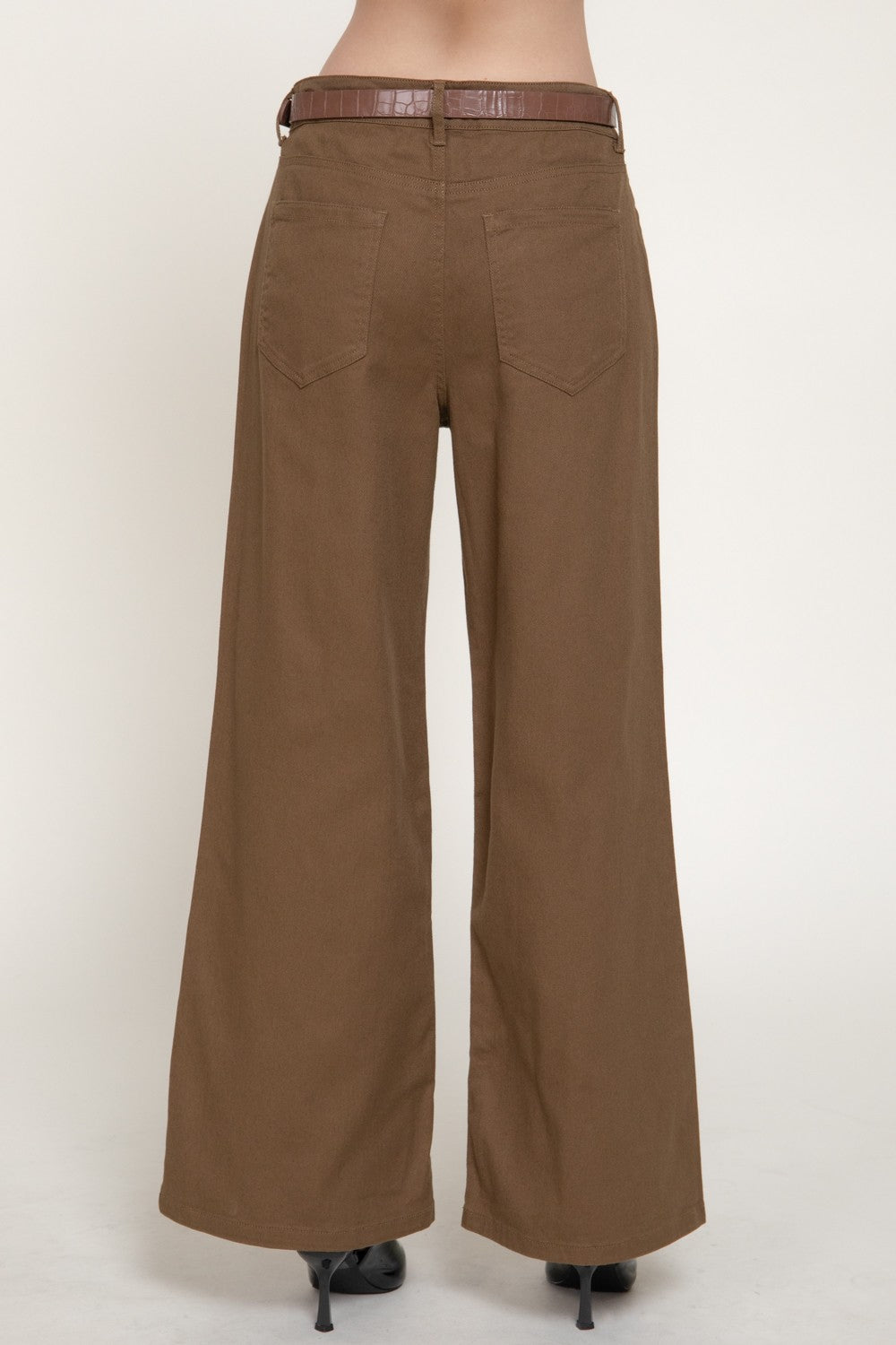 Mid Rise Belted Cotton Twill Long Pants