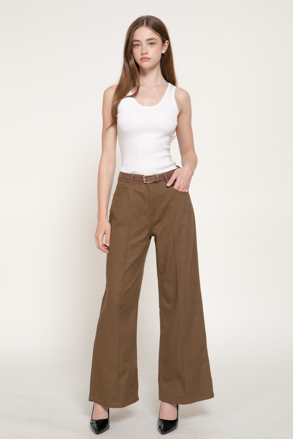 Mid Rise Belted Cotton Twill Long Pants