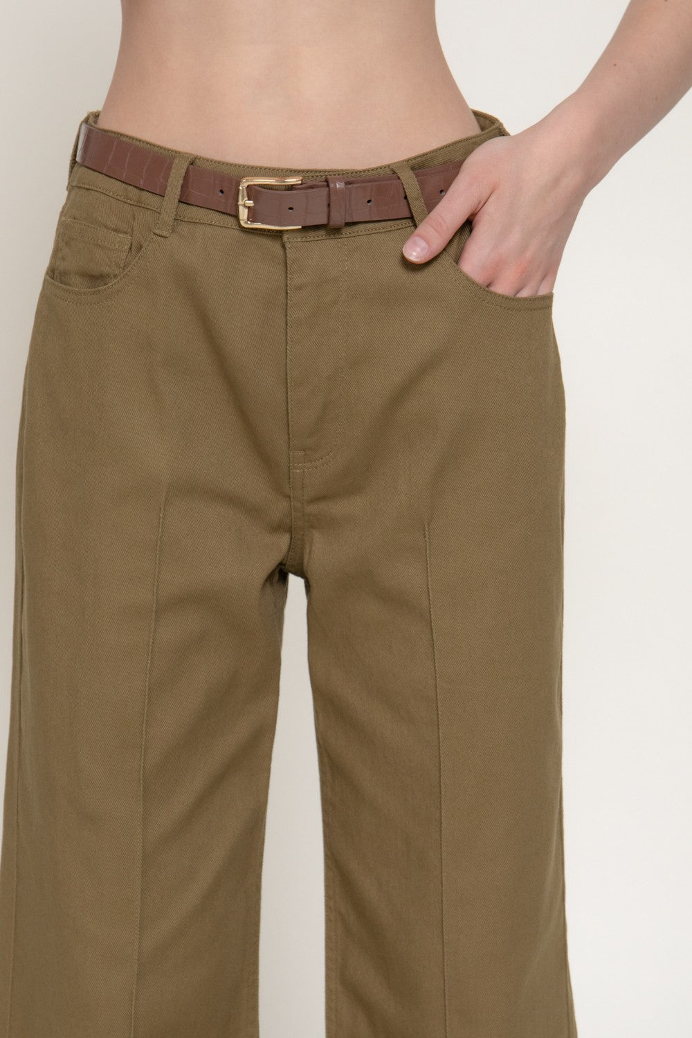 Mid Rise Belted Cotton Twill Long Pants