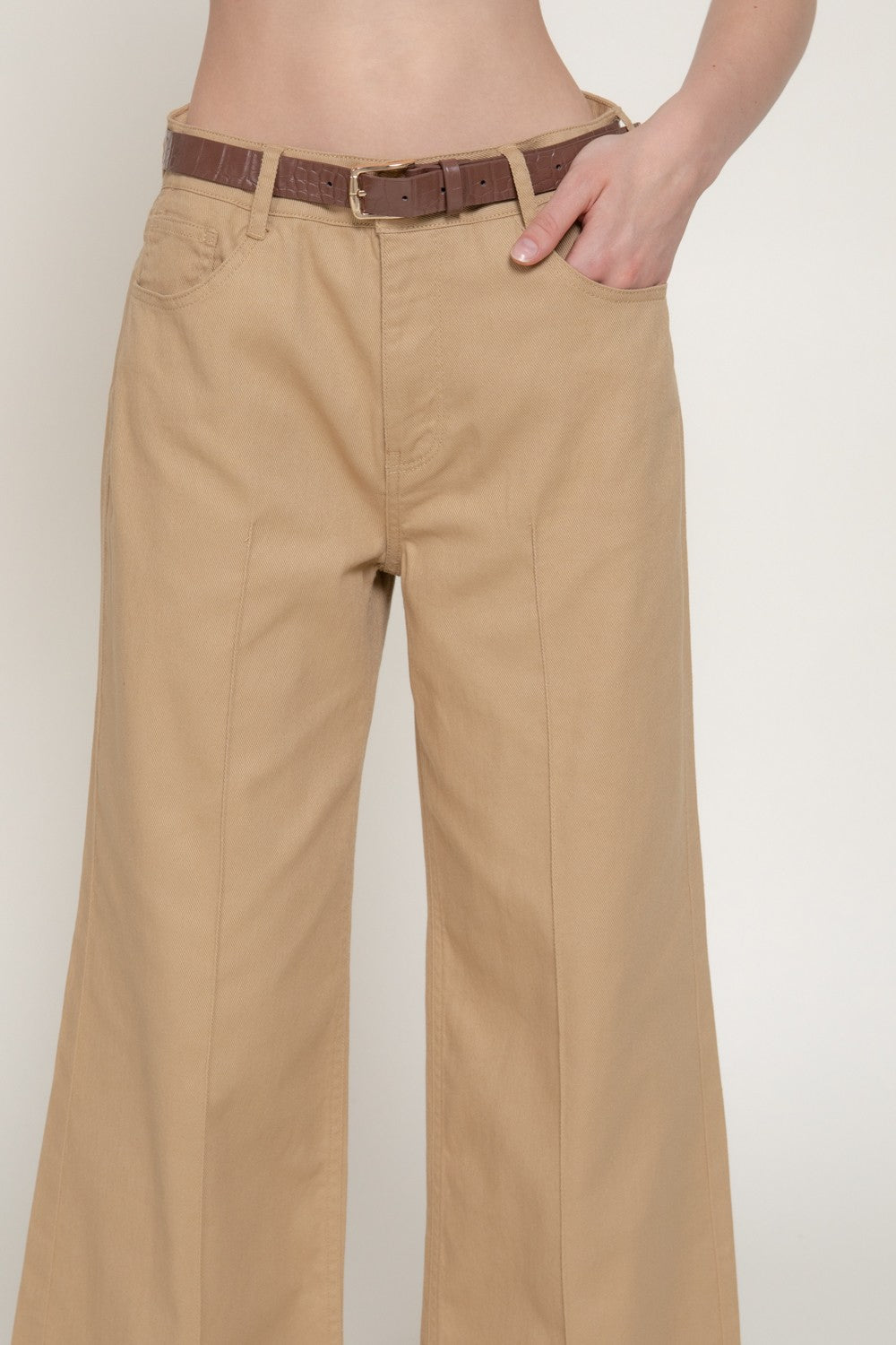 Mid Rise Belted Cotton Twill Long Pants