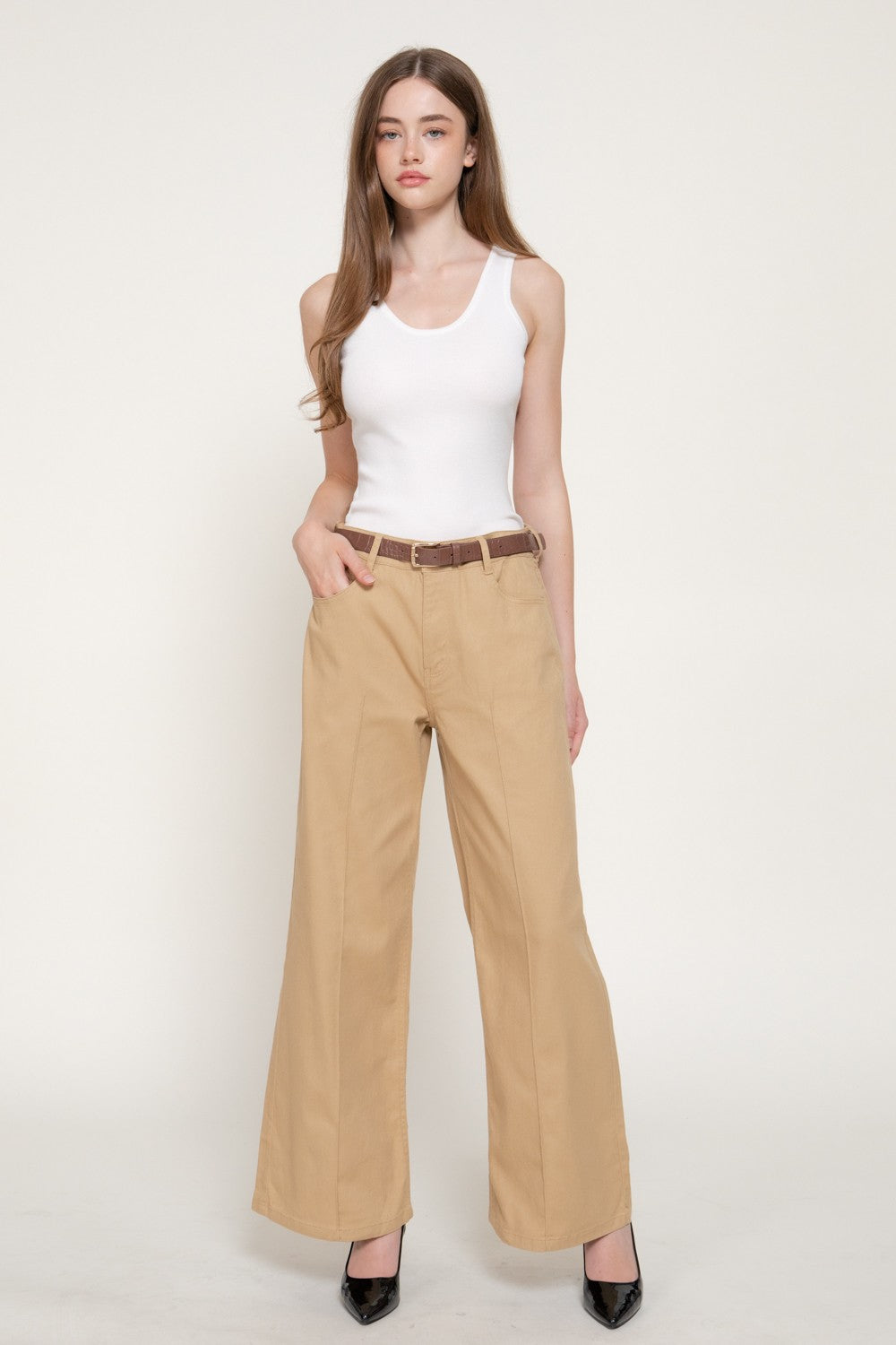 Mid Rise Belted Cotton Twill Long Pants