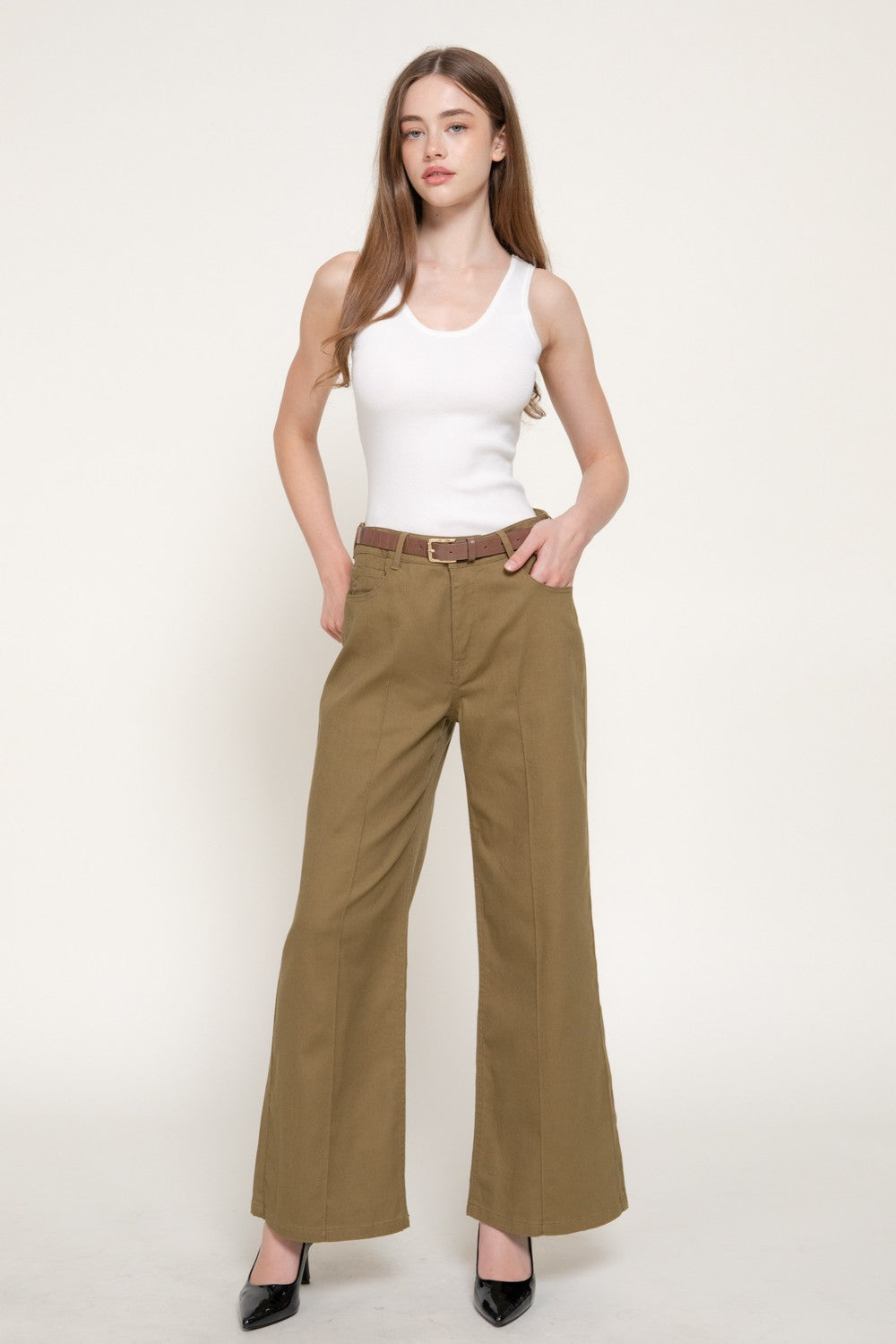Mid Rise Belted Cotton Twill Long Pants