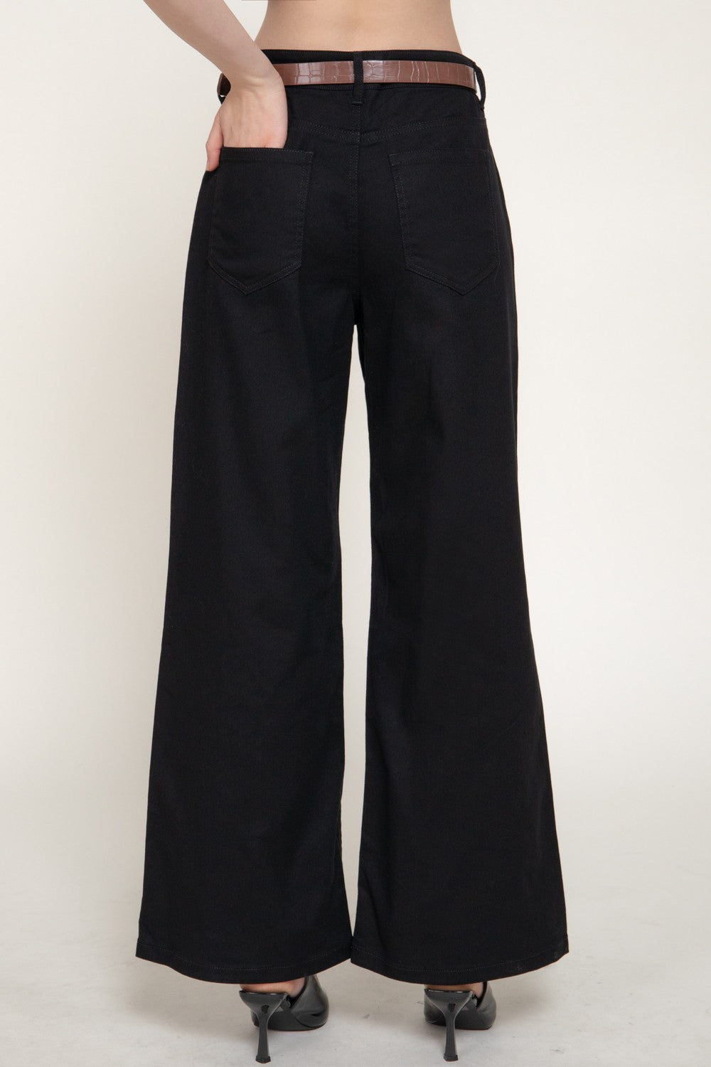 Mid Rise Belted Cotton Twill Long Pants