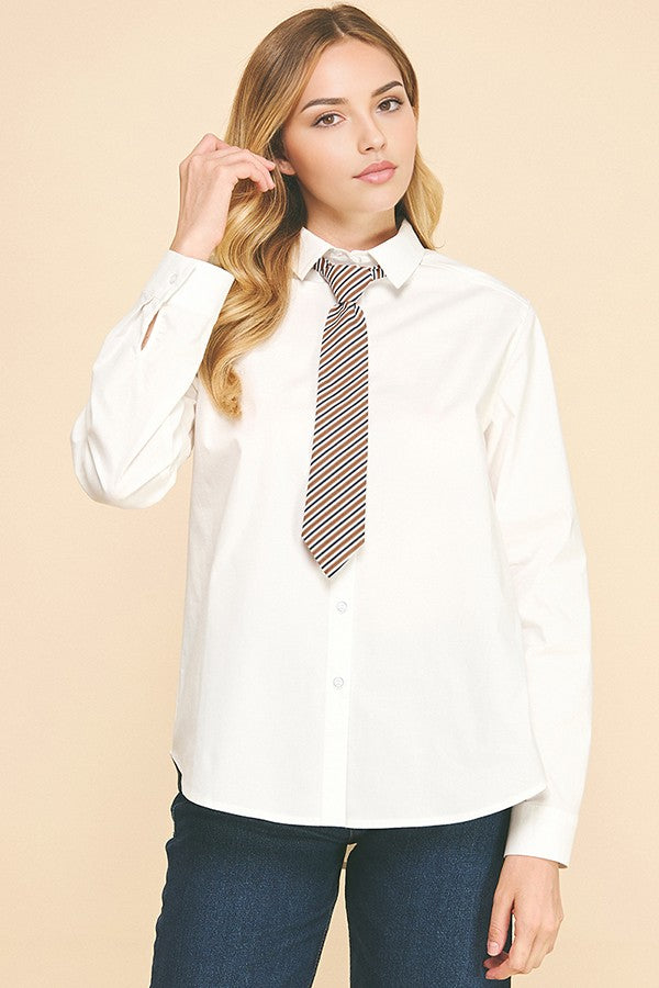 Lawn Bengal Striped Necktie Oversized Dress Shirt Top