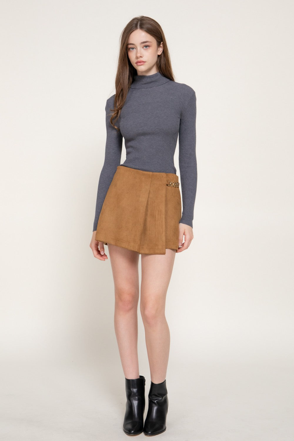 Pleated Metal Chain Faux Suede Shorts