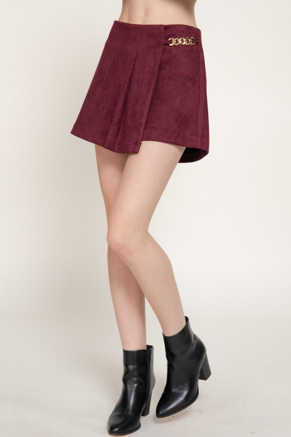 Pleated Metal Chain Faux Suede Shorts