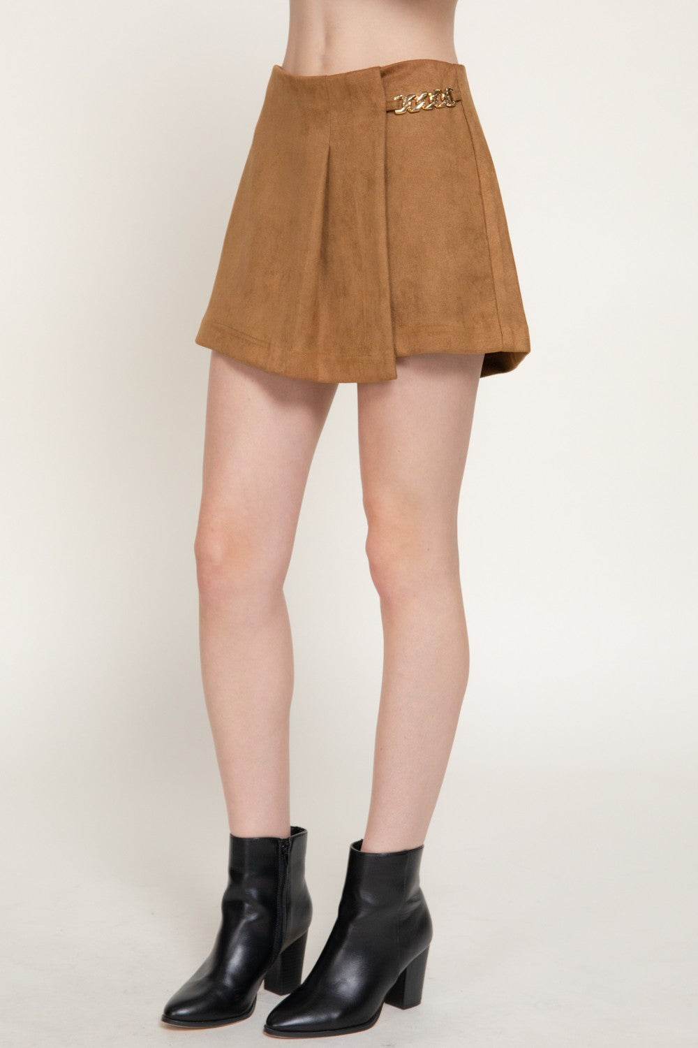 Pleated Metal Chain Faux Suede Shorts