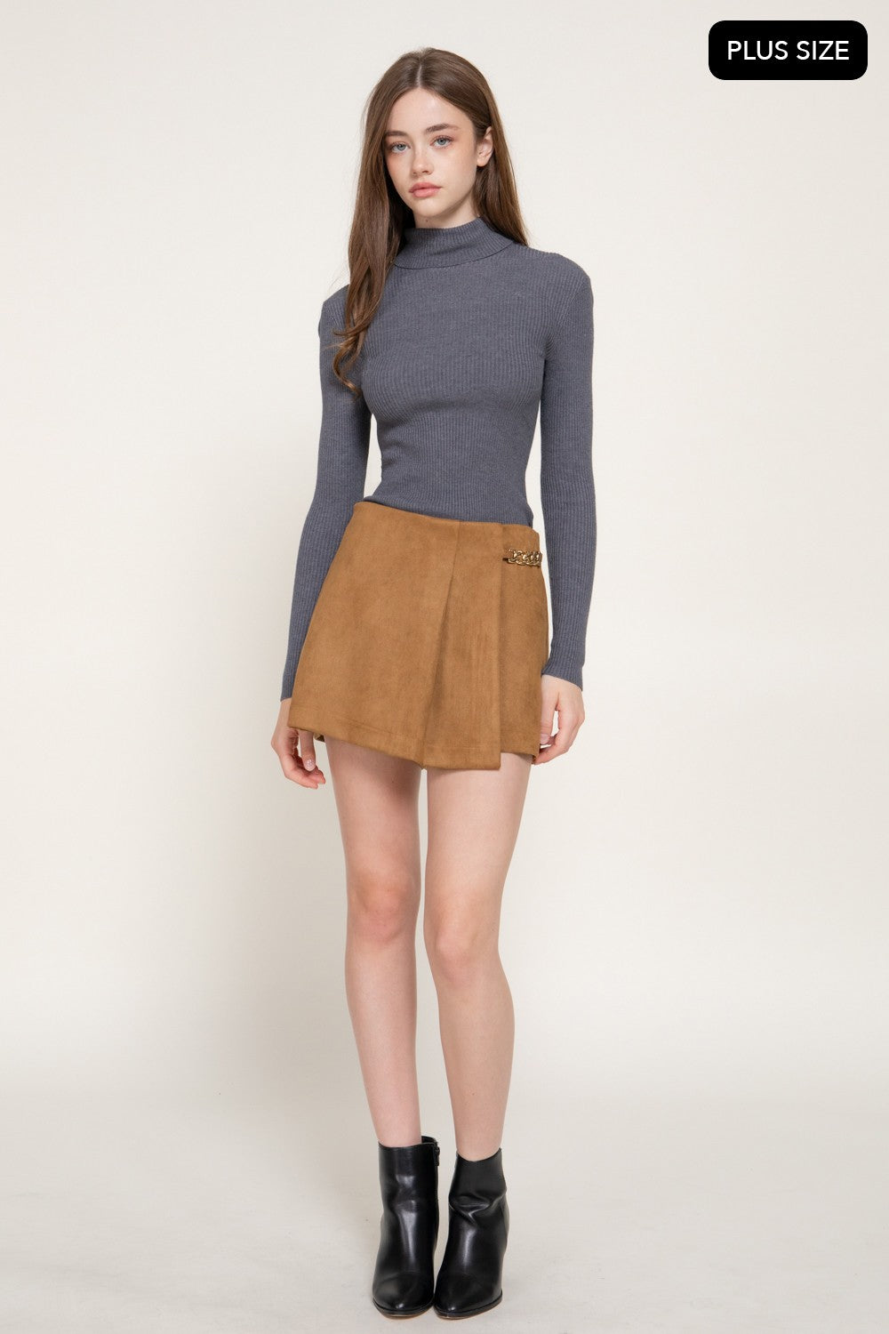 Pleated Metal Chain Faux Suede Shorts