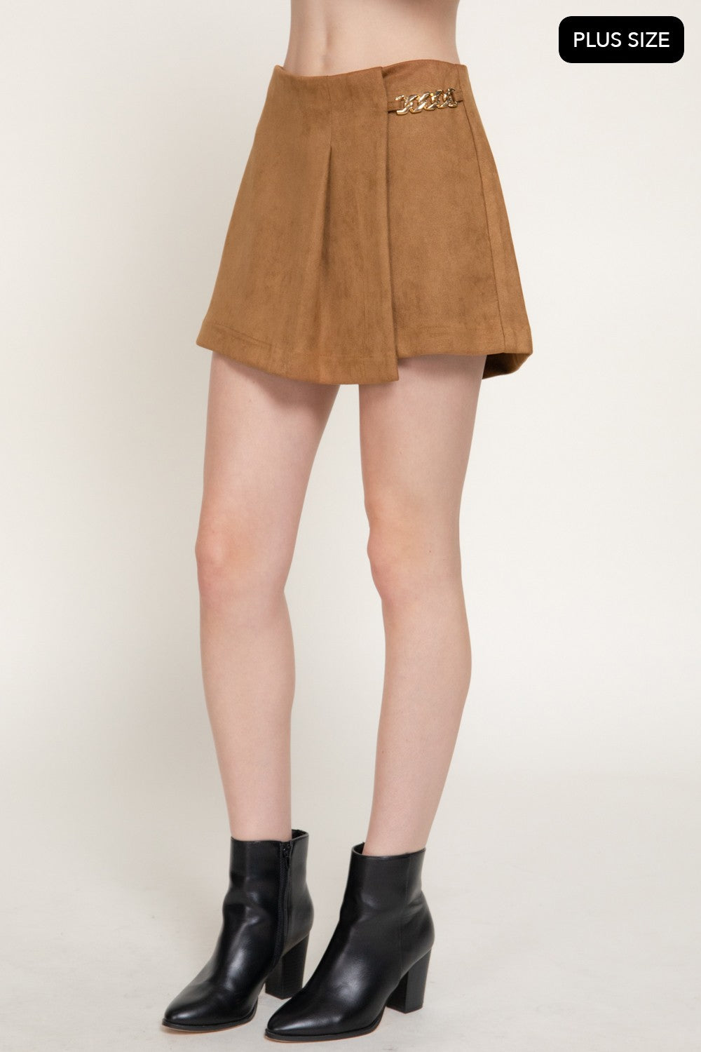 Pleated Metal Chain Faux Suede Shorts