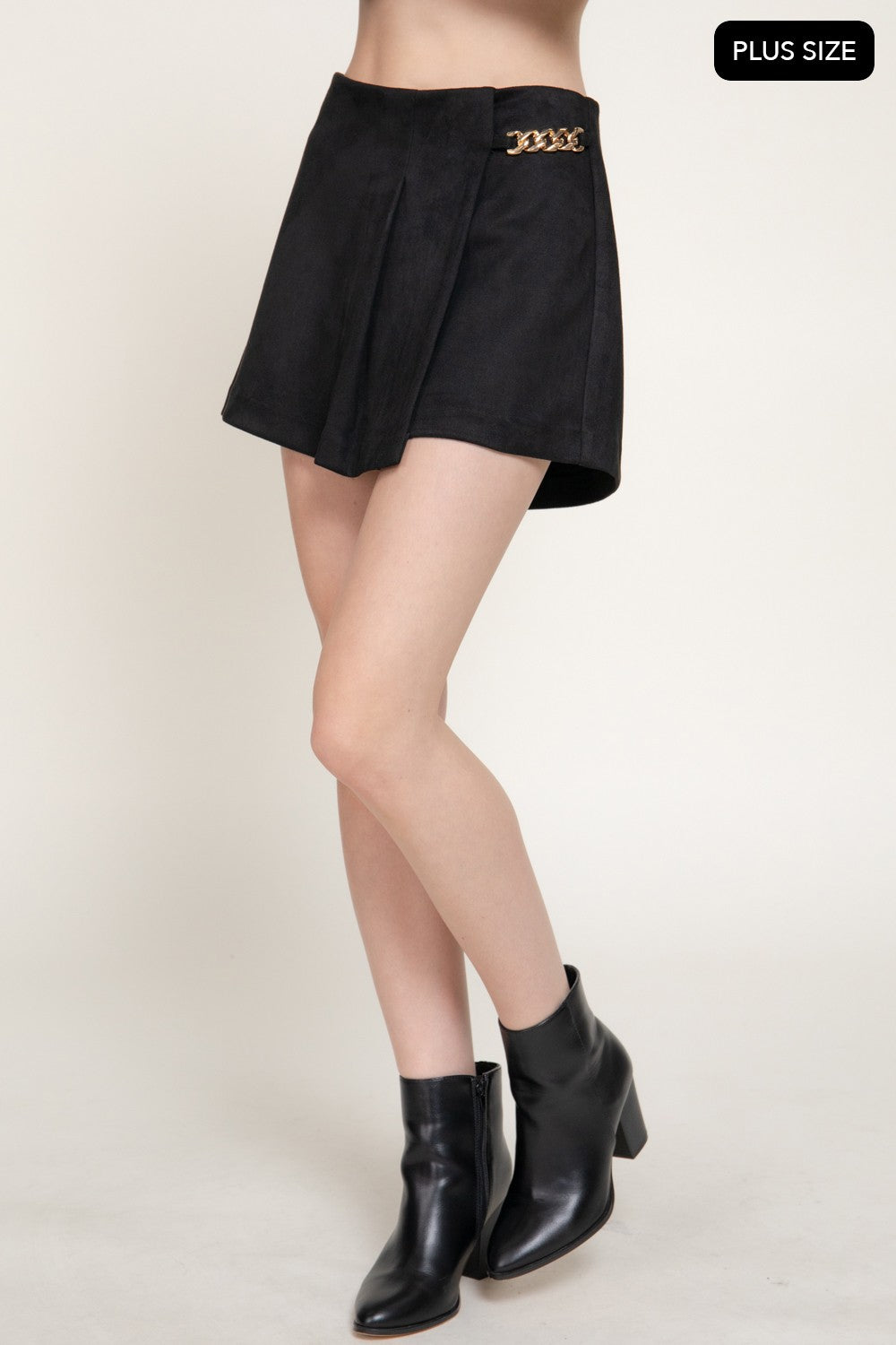 Pleated Metal Chain Faux Suede Shorts