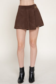 Pleated Metal Chain Faux Suede Shorts