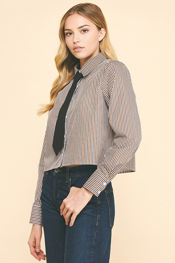 Bengal Striped Peplum Solid Necktie Oversized Cropped Shirt