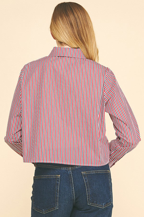 Bengal Striped Peplum Solid Necktie Oversized Cropped Shirt
