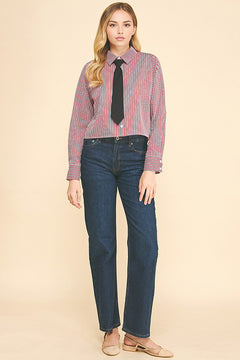 Bengal Striped Peplum Solid Necktie Oversized Cropped Shirt