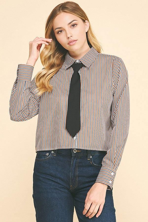 Bengal Striped Peplum Solid Necktie Oversized Cropped Shirt