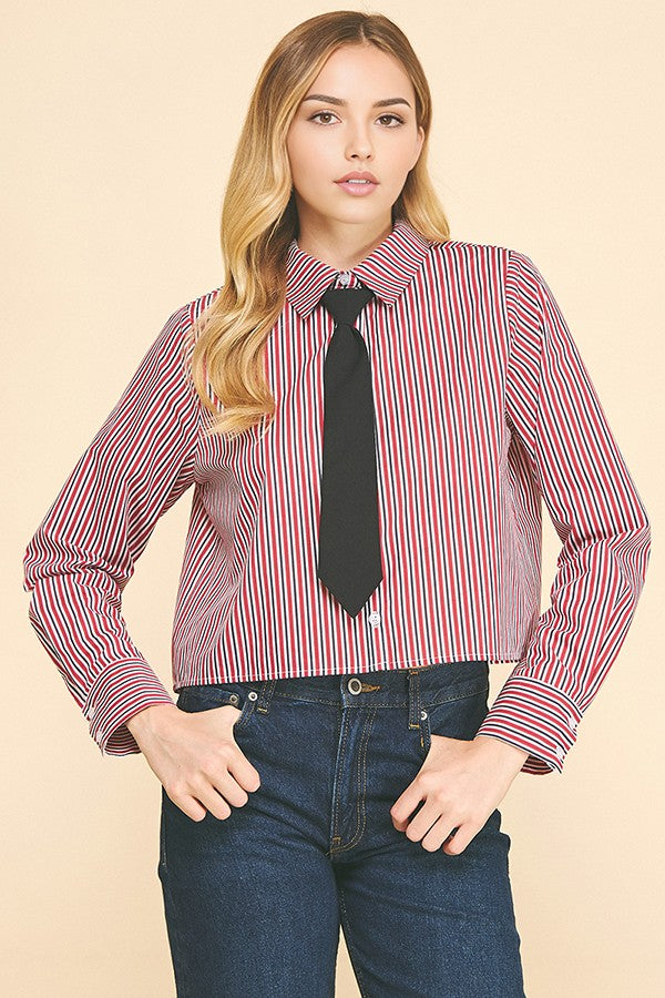 Bengal Striped Peplum Solid Necktie Oversized Cropped Shirt