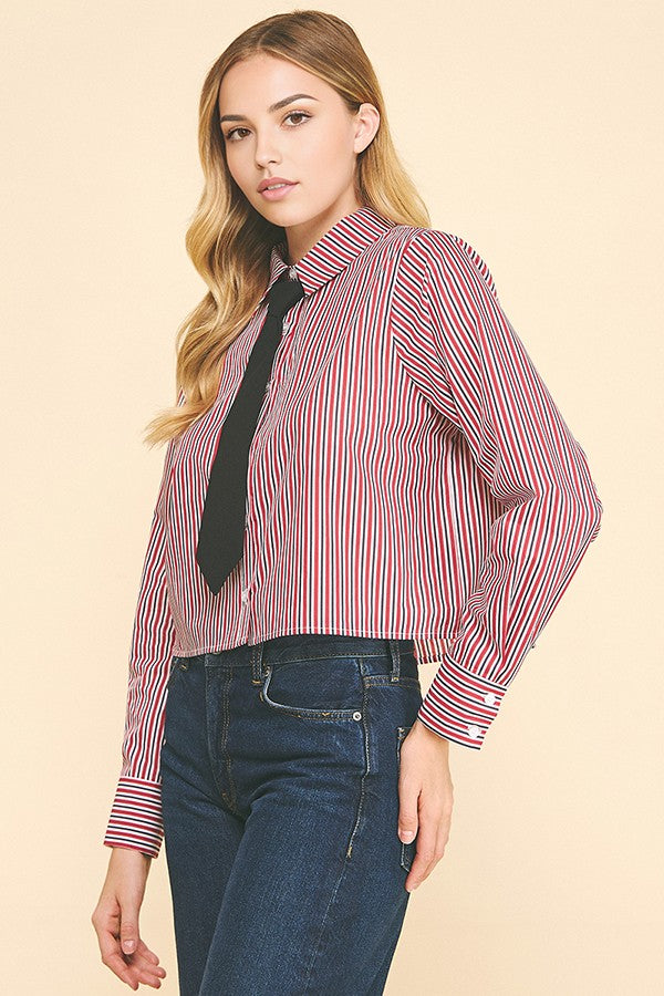 Bengal Striped Peplum Solid Necktie Oversized Cropped Shirt