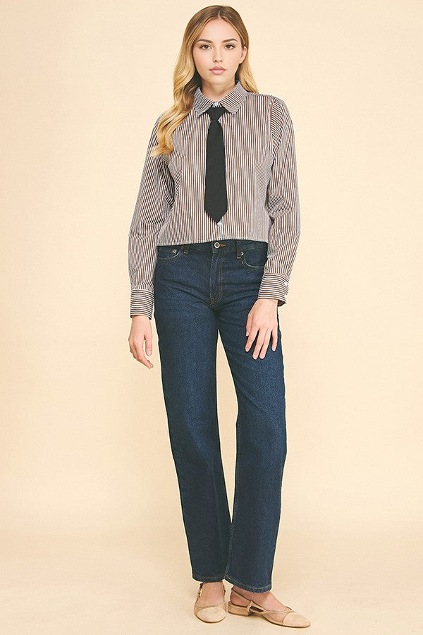 Bengal Striped Peplum Solid Necktie Oversized Cropped Shirt