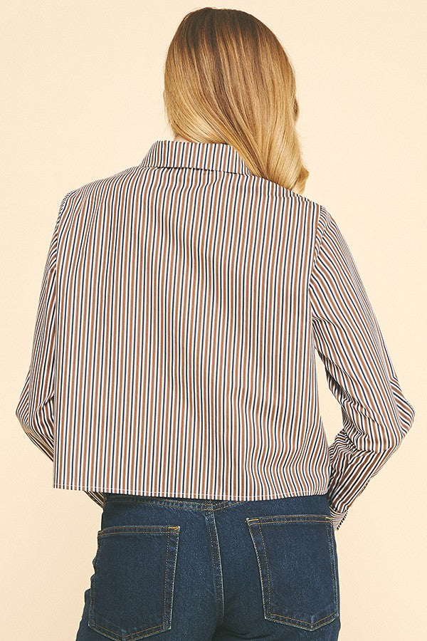 Bengal Striped Peplum Solid Necktie Oversized Cropped Shirt