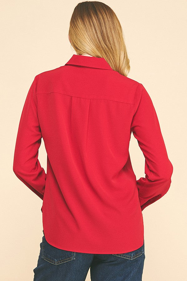 Textured Crepe Chinese Knot Button Dress Shirt Blouse