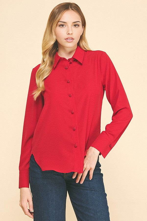 Textured Crepe Chinese Knot Button Dress Shirt Blouse