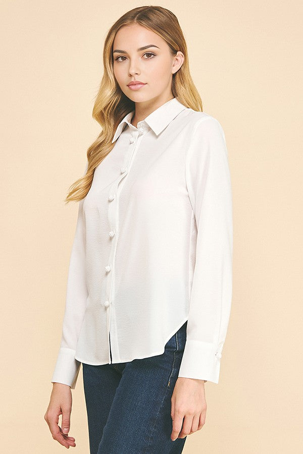 Textured Crepe Chinese Knot Button Dress Shirt Blouse