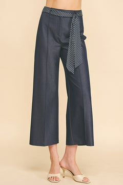 Denim Striped Sash Waist Long Culotte Pants