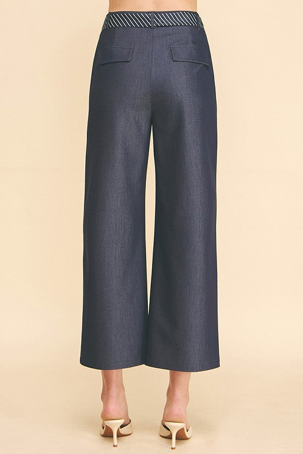 Denim Striped Sash Waist Long Culotte Pants