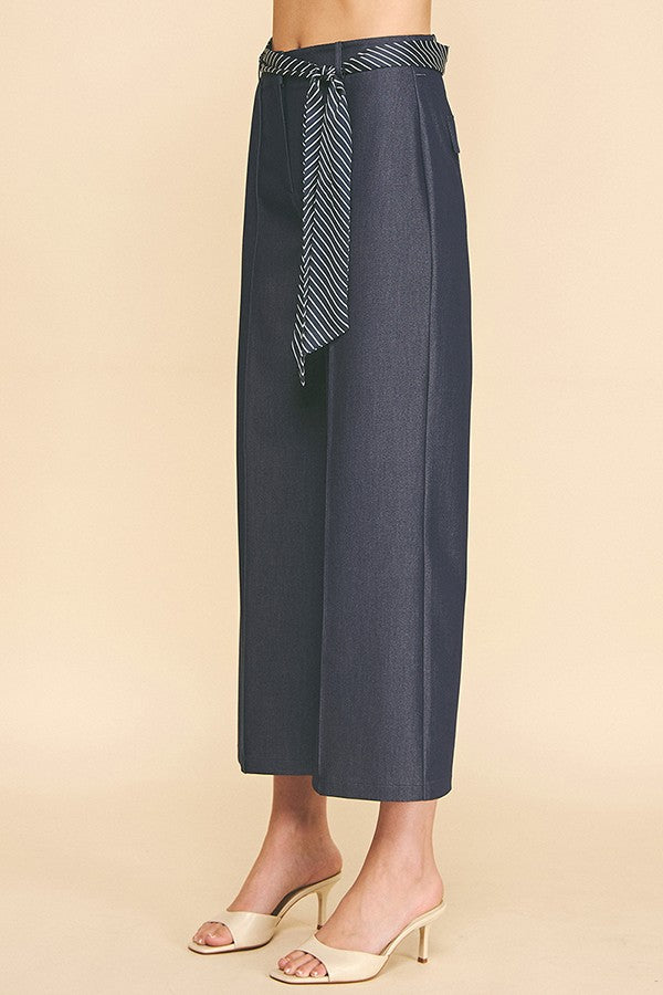 Denim Striped Sash Waist Long Culotte Pants