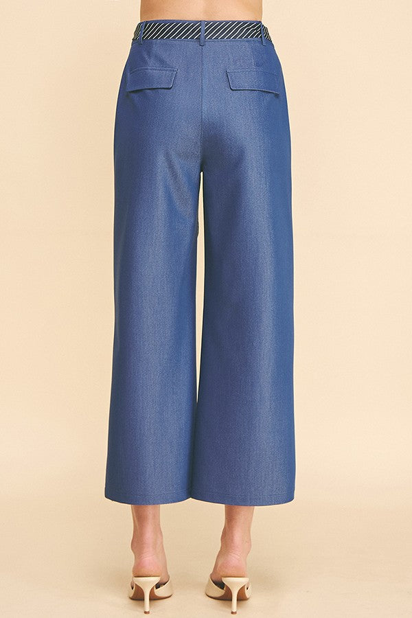 Denim Striped Sash Waist Long Culotte Pants