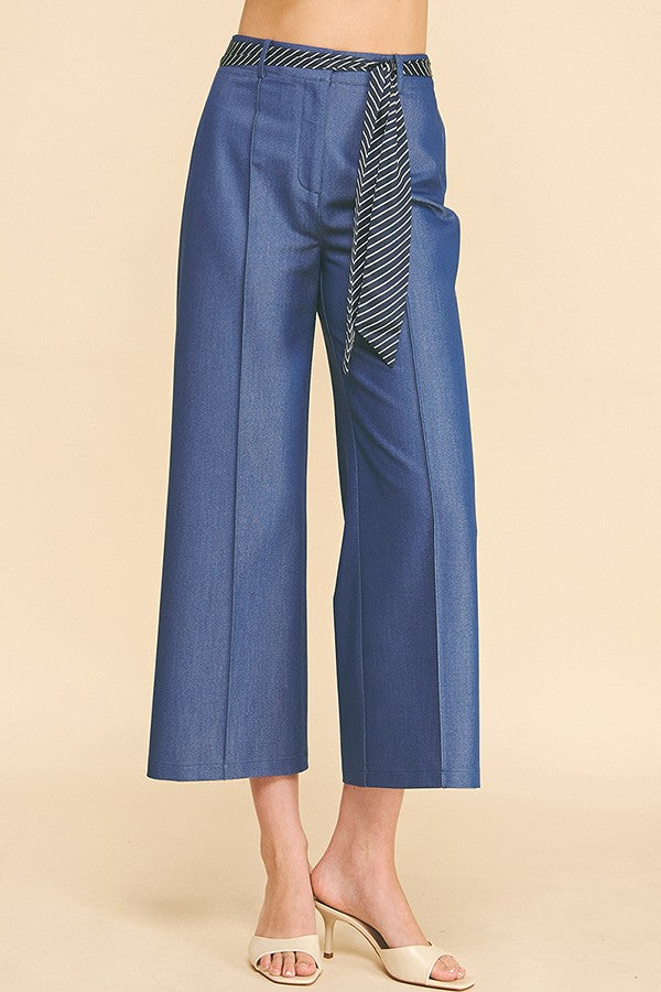 Denim Striped Sash Waist Long Culotte Pants