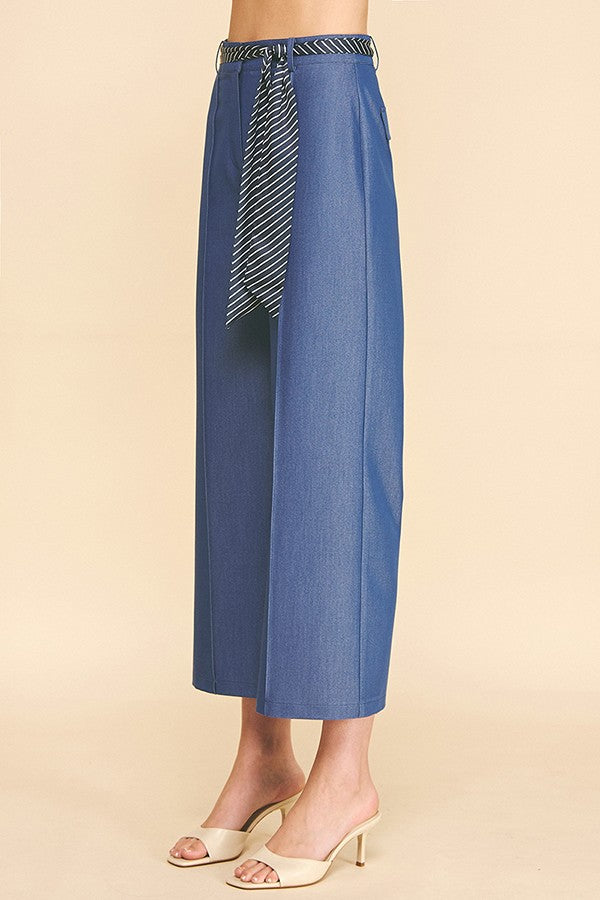 Denim Striped Sash Waist Long Culotte Pants
