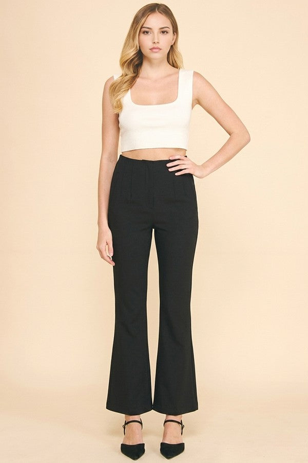 Twill Darted High Rise Waist Flared Trousers Pants