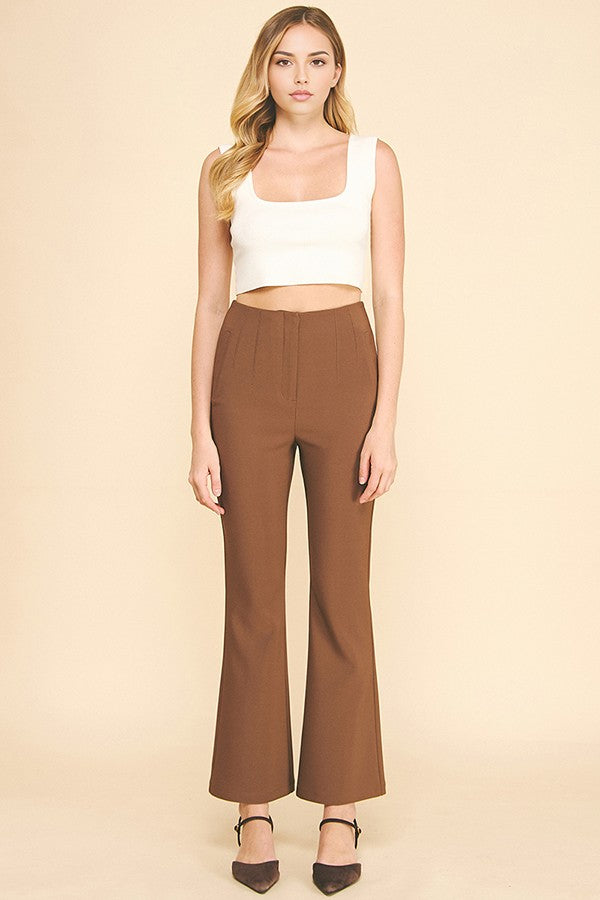 Twill Darted High Rise Waist Flared Trousers Pants