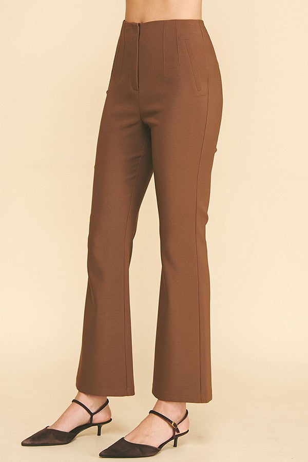 Twill Darted High Rise Waist Flared Trousers Pants