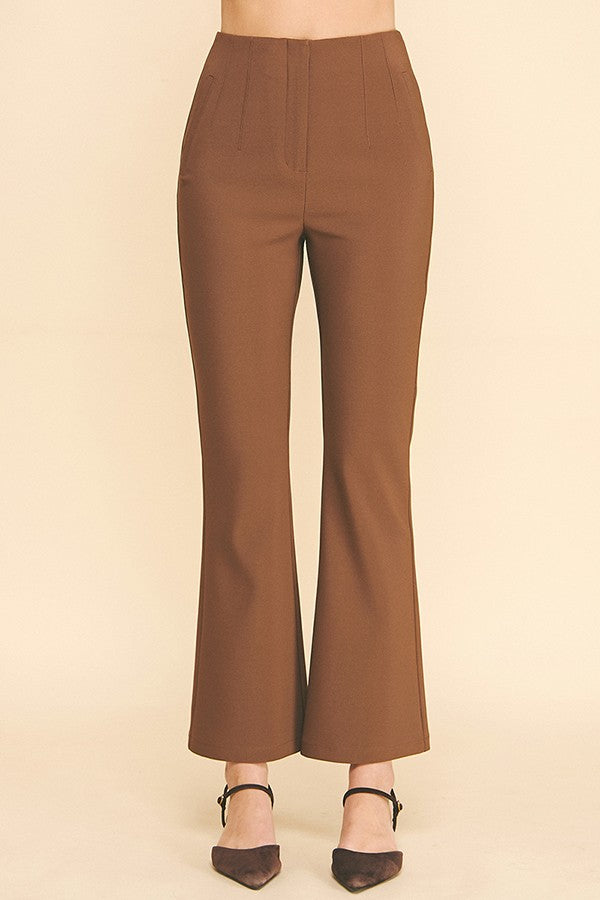 Twill Darted High Rise Waist Flared Trousers Pants