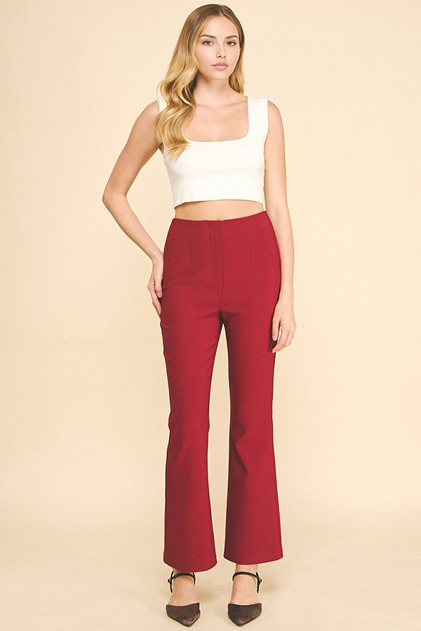Twill Darted High Rise Waist Flared Trousers Pants