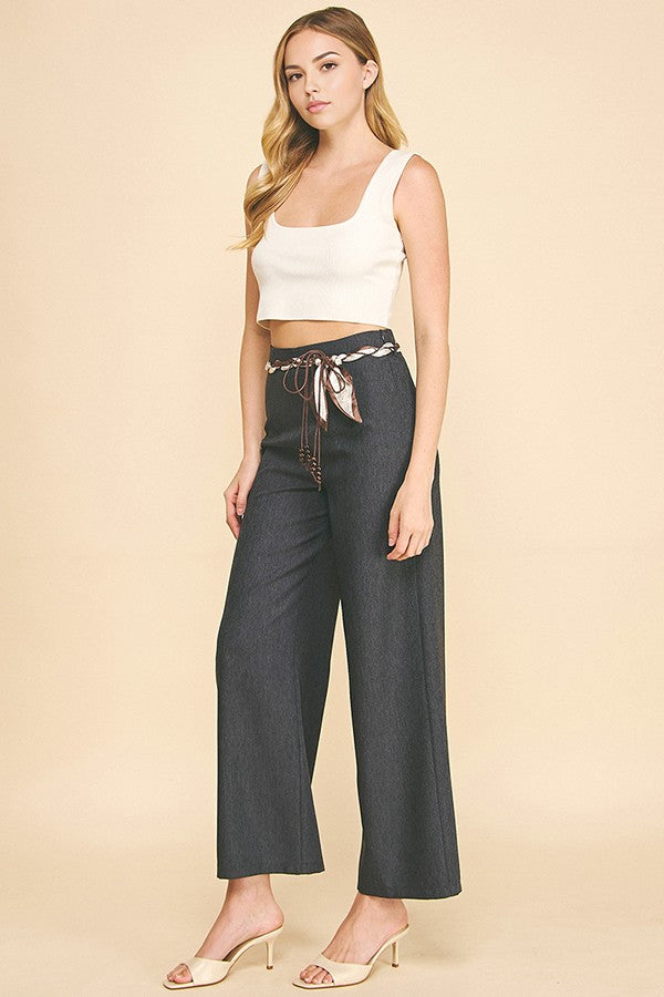 Cationic Faux Denim Paisley Scarf Tie Long Culotte Pants